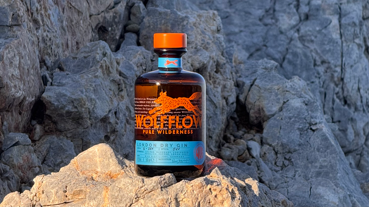 Wolfflow Gin bottle on sunlit rock